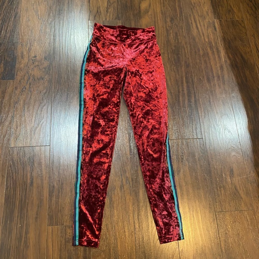 Aerie Red velvet leggings with green stripe size small